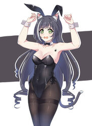  animal_ear_fluff animal_ears arms_up black_bow black_bowtie black_hair black_leotard black_pantyhose bow bowtie breasts cat_ears cat_girl cat_tail commentary covered_navel detached_collar fake_animal_ears female green_eyes highleg highleg_leotard highres karyl_(princess_connect!) leotard long_hair maxwelzy multicolored_hair open_mouth pantyhose paw_tattoo playboy_bunny princess_connect! rabbit_ears solo strapless strapless_leotard streaked_hair tail thighband_pantyhose two-tone_hair white_hair wrist_cuffs 