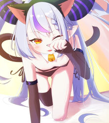  alternate_costume animal_ears bell black_horns black_nails braid braided_bangs breasts capuchi_(111cappuccino) cat_day cat_ears cat_nose cat_tail detached_collar elbow_gloves fake_animal_ears fake_nose fake_tail female fingerless_gloves gloves grey_hair highres hololive horns la+_darknesss long_hair looking_at_viewer multicolored_hair nail_polish neck_bell oerba_yun_fang one_eye_closed paw_pose pointy_ears purple_hair purple_nails single_thighhigh small_breasts smile solo streaked_hair striped_horns tail thighhighs virtual_youtuber 