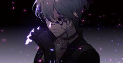  1boy amenohi black_blood black_choker black_sclera black_shirt blood blood_in_hair blood_on_chest blood_on_face camu:_crocotta_(punishing:_gray_raven) camu_(punishing:_gray_raven) chest_harness chinese_commentary choker colored_sclera commentary dark_background earrings fake_horns from_side gauntlets glowing_finger grey_hair hair_between_eyes hand_up harness highres horns jewelry light_particles looking_at_viewer male_focus open_clothes open_shirt portrait punishing:_gray_raven purple_eyes shirt short_hair single_horn solo stud_earrings 