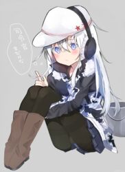  black_pantyhose black_skirt blue_eyes blush boots brown_footwear camouflage camouflage_jacket commentary_request earmuffs female fujiyama_ichiha hair_between_eyes hammer_and_sickle hat hibiki_(kancolle) highres jacket kantai_collection long_hair long_sleeves panties panties_under_pantyhose pantyhose pleated_skirt redrawn skirt solo translation_request underwear verniy_(kancolle) verniy_(saury_festival)_(kancolle) white_hair white_hat 