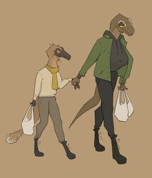  anthro bag boots bottomwear brown_body clothing dinosaur duo extinct feathered_tail feathers female footwear freckles hand_holding hi_res hoodie jacket jayda_(zagz) jewelry jude_(zagz) male ornithomimid pants prehistoric_species reptile scalie scarf simple_background sweater tail theropod topwear tyrannosaurid tyrannosauroid tyrannosaurus tyrannosaurus_rex walking yellow_eyes zagz 