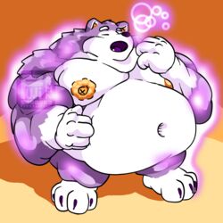  1:1 anthro barazoku belly big_belly canid canine canis closed_eyes digital_media_(artwork) domestic_dog english_text fluffy fujiyama_kenhaku fujiyama_samoyed_(artist) fur generation_1_pokemon huge_belly humanoid_hands hybrid hybrid_pokemon hyper male mammal moobs nintendo nipples nordic_sled_dog nude obese obese_anthro obese_male open_mouth overweight overweight_anthro overweight_male pokemon pokemon_(species) purple_aura purple_body purple_fur samoyed simple_background snorlax solo spitz text tusks white_body white_fur yawn yawning_position yellow_nipples 