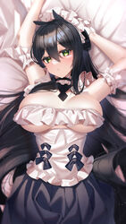  absurdres arms_up azur_lane black_hair black_skirt breasts choker female frilled_choker frills green_eyes hair_between_eyes highres indomitable_(azur_lane) indomitable_(ms._motivationless_maid)_(azur_lane) large_breasts long_hair looking_at_viewer lying maid maid_headdress official_alternate_costume on_back pleated_skirt seele0907 skirt solo very_long_hair 