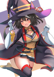  adapted_costume animal_ears black_hair blush borrowed_clothes breasts cleavage clenched_hands commentary_request cosplay female gloves hair_between_eyes hair_ornament hat highres horse_ears horse_girl horse_tail kitasan_black_(umamusume) large_breasts leg_up looking_at_viewer multicolored_hair partial_commentary red_eyes solo sweep_tosho_(umamusume) sweep_tosho_(umamusume)_(cosplay) tail thighhighs thighs umamusume white_hair witch_hat yuutopia 