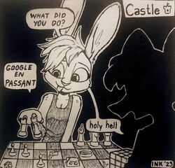  2023 absurd_res anarchychess anthro blep chess chess_board dialogue duo english_text female fur group head_tuft hi_res inktober inktober_2023 lagomorph leporid mammal meme monochrome question rabbit speech_bubble text theblueberrycarrots tongue tongue_out traditional_media_(artwork) tuft 