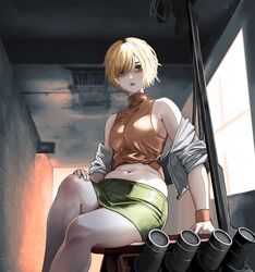  bags_under_eyes blonde_hair breasts commentary_request dead_by_daylight female heather_mason highres jacket legs lips looking_at_viewer miniskirt navel pencil_skirt short_hair silent_hill_(series) silent_hill_3 sitting skirt sleeveless sleeveless_turtleneck solo suzusiron turtleneck vest wristband 