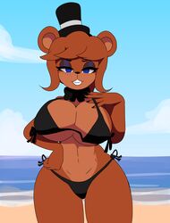  absurd_res anthro beach bear bedroom_eyes big_breasts bikini black_bikini black_clothing black_swimwear bow_tie breasts brown_body brown_fur clothing cloud curvy_figure eyeshadow female five_nights_at_freddy&#039;s fredina&#039;s_nightclub fredina_(cally3d) fur hat headgear headwear hi_res hourglass_figure huge_breasts makeup mammal narrowed_eyes sagirlthicc sand scottgames seaside seductive solo swimwear top_hat water 