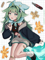  ahoge animal_ear_headwear animal_ears artist_name bandaid bandaid_on_hand bandaid_on_leg black_footwear black_nails black_shirt blue_eyes blue_headwear blue_jacket boxcutter breasts commentary cropped_shirt drawstring fake_animal_ears female fiery_tail floppy_ears foot_out_of_frame fox_ears green_hair grey_shorts grid_background hand_up highres honkai:_star_rail honkai_(series) huohuo_(honkai:_star_rail) jacket leg_up long_hair long_sleeves looking_at_viewer loose_socks navel off_shoulder open_clothes open_jacket open_mouth outline paper_doll paw-shaped_pupils shirt shoes short_shorts shorts sleeveless sleeveless_shirt sleeves_past_wrists small_breasts socks solo symbol-shaped_pupils tail tassel tears thighs twitter_username vickie_(cryingrobot) white_background white_socks yin_yang yin_yang_hair_ornament yin_yang_print 