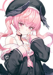  absurdres beret black_hat black_shirt black_wings blue_archive blush female goeleu halo hat head_wings highres koharu_(blue_archive) long_hair looking_at_viewer low_wings necktie pink_eyes pink_hair pink_halo pink_necktie revision shirt solo twintails white_background wings 