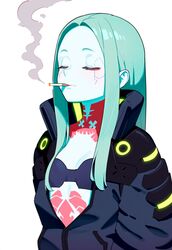  ai-generated aqua_hair bad_id bad_pixiv_id black_jacket blue_skin breasts cigarette cleavage colored_skin commentary cyberpunk_(series) cyberpunk_edgerunners female highres jacket lividy long_hair long_sleeves rebecca_(cyberpunk) simple_background small_breasts smoke smoking solo upper_body white_background 