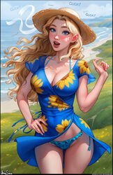  :o absurdres aroma_sensei artist_name beach bikini bikini_under_clothes black_border blonde_hair blue_dress blue_eyes blue_panties blush border breasts cleavage clothes_lift collarbone commentary covered_navel cowboy_shot curvy dress english_commentary english_text female floating_hair floral_print freckles frilled_bikini frills grass haley_(stardew_valley) hat highres large_breasts long_hair looking_at_viewer mole mole_on_breast nose open_mouth outdoors panties pantyshot parted_hair patreon_username plaid plaid_bikini posing short_dress side-tie_bikini_bottom skirt skirt_lift sky solo sound_effects stardew_valley straw_hat surprised swimsuit underwear v-neck wide_hips wind wind_lift 