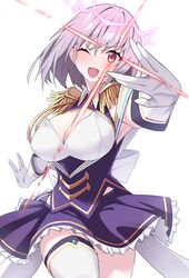  absurdres back_bow blush bow breasts cleavage commentary cowboy_shot epaulettes female frills gloves gridman_universe gridman_universe_(film) highres large_breasts mizumok1 official_alternate_costume one_eye_closed open_mouth purple_hair purple_skirt red_eyes shinjou_akane shinjou_akane_(new_order) short_hair simple_background skirt smile solo ssss.gridman thighhighs white_background white_bow white_gloves white_thighhighs zettai_ryouiki 