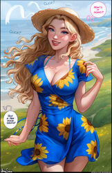  absurdres aroma_sensei artist_name beach bikini bikini_under_clothes black_border blonde_hair blue_dress blue_eyes border breasts cleavage collarbone commentary covered_navel cowboy_shot curvy dress english_commentary english_text female floating_hair floral_print freckles grass grin haley_(stardew_valley) hat highres large_breasts long_hair looking_at_viewer mole mole_on_breast nose open_mouth outdoors parted_hair patreon_username posing short_dress sky smile solo sound_effects speech_bubble stardew_valley straw_hat swimsuit v-neck wide_hips wind wind_lift 