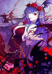  bat_(animal) blue_hair breasts cleavage closed_mouth del_depths dress female flower gloves large_breasts lipstick long_hair looking_at_viewer makeup maria_traydor nail_polish pointy_ears red_eyes red_flower red_rose rose single_glove smile solo star_ocean star_ocean_anamnesis star_ocean_till_the_end_of_time thorns vampire 