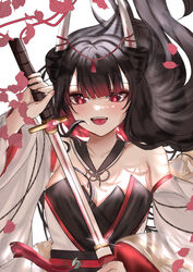  azur_lane bare_shoulders black_hair black_haori black_sailor_collar colored_inner_hair dismaer excited falling_leaves female gradient_hair grey_horns hair_between_eyes hatsuzuki_(azur_lane) highres holding holding_sword holding_weapon horn_ornament horns leaf lens_flare light_blush long_hair looking_at_viewer multicolored_hair red_eyes red_nails red_trim sailor_collar solo sweatdrop sword tassel weapon white_sleeves 