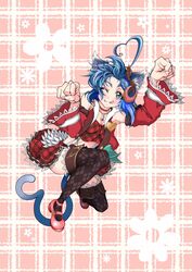  ahoge animal_ears blue_eyes blue_hair bow cat_ears cat_tail choker crescent crescent_hair_ornament crescent_necklace crop_top elbow_gloves fangs female frills full_body gloves hair_ornament hairband heart highres jewelry kemonomimi_mode looking_at_viewer midriff navel necklace plaid plaid_skirt red_choker red_skirt rena_lanford skirt smile solo star_ocean star_ocean_anamnesis star_ocean_the_second_story suspenders tail yu_7th_sense 