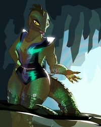  4:5 anthro cave clothed clothing digital_media_(artwork) female filmation flash_gordon glistening glistening_body greenpolygon hi_res humanoid krita_(artwork) lizard lizard_woman_(the_new_adventures_of_flash_gordon) partially_submerged pinup pose reptile scales scalie simple_background smile solo stalactite swimwear tail thick_thighs uniform water wet yellow_eyes yellow_sclera 