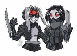  2girls arm_blade bigmsaxon black_hair cyberpunk cyberpunk_(series) cyberpunk_2077 cyborg extra_eyes futuristic_weapon glowing glowing_eyes grin gun handgun holding holding_gun holding_weapon jacket mantis_blades_(cyberpunk) multiple_girls navel open_clothes open_jacket smile weapon white_hair wrist_blades 