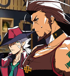  2boys bacchus_lpiii bara black_tank_top character_request copyright_request dungeon_and_fighter fedora from_side girl_staring_at_guy&#039;s_chest_(meme) gunner_(dungeon_and_fighter) hat large_pectorals looking_ahead looking_at_another looking_at_pectorals loose_hair_strand male_focus mature_male meme multiple_boys muscle_envy muscular muscular_male pectorals photo_background profile ranger_(dungeon_and_fighter) short_hair sweatdrop tank_top thick_eyebrows three_quarter_view upper_body yaoi 