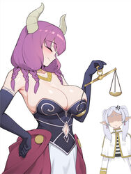  2girls ^_^ anger_vein armpits aura_(sousou_no_frieren) balance_scale black_gloves black_shirt blush braid breast_envy breasts capelet cleavage closed_eyes clothing_cutout collarbone commentary demon_horns drop_earrings earrings elbow_gloves elf faceless faceless_female frieren gloves grey_hair highres holding_scale horns houkago_shounen jewelry large_breasts multiple_girls navel navel_cutout parted_bangs pointy_ears purple_hair shaded_face shirt sideboob simple_background skirt smile sousou_no_frieren strapless strapless_shirt twintails weighing_scale white_background white_capelet white_skirt 