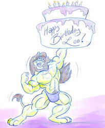  2006 anthro big_biceps big_muscles big_pecs birthday_cake brown_hair brown_mane cake candle cooner dessert felid flexing flexing_bicep food fur hair happy_birthday holding_object lion long_hair male mammal mane muscular muscular_anthro muscular_arms muscular_male muscular_thighs open_mouth pantherine pecs pose simple_background solo toony yellow_body yellow_fur 