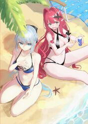  2girls applying_sunscreen armband baobhan_sith_(fate) bare_shoulders beach beach_chair bikini black_bikini blue_bikini blue_eyes blue_nails blush bow bracelet breasts cleavage day embarrassed fangs fate/grand_order fate_(series) from_above grey_eyes hair_ornament hairbow hand_on_own_chest hand_on_own_thigh highres holding jewelry kei201107 long_hair lotion morgan_le_fay_(fate) mother_and_daughter multiple_girls nail_polish navel ocean on_floor open_mouth outdoors palm_tree pink_hair pointy_ears red_nails sand seiza shadow sidelocks sitting starfish sunscreen sweatdrop swimsuit thighs tree white_hair 