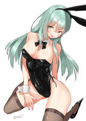  alternate_costume animal_ears aqua_hair black_bow black_bowtie black_footwear black_leotard bow bowtie breasts brown_thighhighs detached_collar female green_eyes high_heels highres kantai_collection leotard long_hair medium_breasts one-hour_drawing_challenge playboy_bunny rabbit_ears rabbit_tail shiny_clothes simple_background solo strapless strapless_leotard suzuya_(kancolle) tail tetsukuzu_(yajirushi_shita) thighhighs white_background wrist_cuffs 