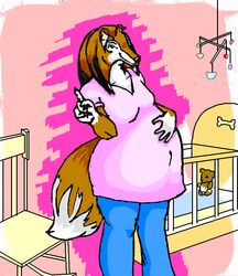  anthro belly bottomwear breasts brown_body brown_fur canid canine canis clothing collie crib danellz digital_media_(artwork) domestic_dog female fur hand_on_belly herding_dog mammal pants pastoral_dog plushie pregnant rocking_chair rough_collie sheepdog shirt solo teddy_bear topwear white_body white_fur 