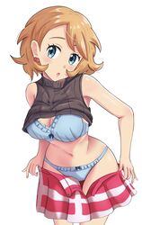  absurdres bare_shoulders blue_bra blue_eyes blue_panties bra breasts brown_hair cleavage earrings female head_tilt highres jewelry large_breasts looking_at_viewer maho_(corotonton5150) miniskirt navel open_mouth panties partially_undressed pokemon pokemon_(anime) pokemon_journeys serena_(pokemon) short_hair skirt sleeveless sleeveless_turtleneck solo thighs turtleneck underwear undressing white_background 