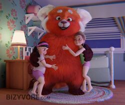  2023 3d_(artwork) abby_park_(turning_red) ailurid anthro bed bedroom belly bizyvore clothed clothing digital_media_(artwork) disney feet female fluffy furniture group human lolicon looking_back mammal meilin_lee_(turning_red) miriam_mendelsohn_(turning_red) pixar red_panda size_difference trio turning_red young 