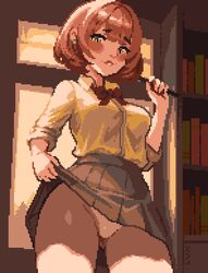  ai-assisted blush breasts brown_hair clothes_lift commentary earrings english_commentary female green_eyes jewelry large_breasts looking_at_viewer panties pantyshot penny_(stardew_valley) shirt short_hair skirt skirt_lift smile solo stardew_valley thisislux underwear 