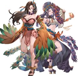  2girls artist_name ayacho bare_shoulders breasts brown_eyes brown_hair cleavage commentary commission detached_sleeves feathers fire_emblem fire_emblem_fates fire_emblem_heroes flip-flops full_body geta hair_ornament hair_over_one_eye hand_fan hand_on_own_hip highres holding japanese_clothes jewelry kagero_(fire_emblem) kagero_(winds_offered)_(fire_emblem) kimono large_breasts long_hair looking_at_viewer midriff multiple_girls necklace official_alternate_costume orochi_(fire_emblem) orochi_(winds_offered)_(fire_emblem) parted_lips pelvic_curtain purple_eyes purple_hair sandals signature sleeveless smile toes white_background wide_sleeves 