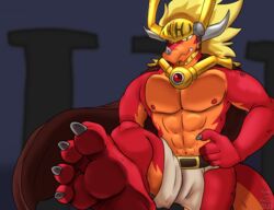  2023 4_toes abs anthro armor barefoot belt belt_buckle black_belt blonde_hair bottomwear buckle bushiroad claws clothed clothing dragon drum_bunker_dragon feet finger_claws foot_focus future_card_buddyfight gold_(metal) gold_helmet grey_background grey_claws hair headgear helmet hi_res horn humanoid_feet loincloth looking_down male mouth_closed mythological_creature mythological_scalie mythology nipples orange_body orange_scales pecs plantigrade randytheartdog red_nipples scales scalie sharp_teeth simple_background soles solo standing tail teeth toe_claws toes topless topless_anthro topless_male white_bottomwear white_clothing white_horn white_loincloth yellow_eyes 