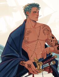  1boy abs arm_tattoo bara bare_pectorals blush dark-skinned_male dark_skin earrings green_hair hand_on_weapon hand_tattoo highres japanese_clothes jewelry male_focus nipples one_eye_closed one_piece pectorals roronoa_zoro scar scar_across_eye scar_on_chest short_hair sideburns single_earring siobhanchiffon solo sword tattoo toned toned_male toothpick weapon 