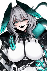  absurdres aqua_eyes aqua_tail aqua_wings arknights black_collar breasts collar female grey_hair head_wings highres ho&#039;olheyak_(arknights) knp_captain_666 looking_at_viewer medium_hair open_mouth sharp_teeth slit_pupils solo tail teeth upper_body white_background wings 