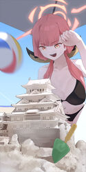  absurdres alternate_costume architecture aru_(blue_archive) ball beach beachball bikini black_bikini blue_archive blue_sky breasts dated_commentary demon_horns east_asian_architecture female halo highres horns japanese_castle kneeling mixed-language_commentary mole mole_on_breast mole_under_mouth motion_blur navel open_mouth orange_eyes orange_hair revision ryeon_(bluetom1) sand_castle sand_sculpture sky smile solo stomach swimsuit trowel 