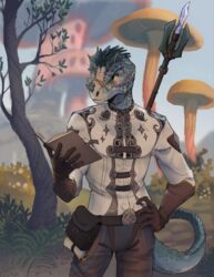  2023 5_fingers anthro argonian armwear bluekiwi101 book brown_clothing brown_gloves brown_handwear clothed clothing day detailed_background digital_media_(artwork) elbow_gloves eyewear fingers fungus glasses gloves grass hand_on_hip handwear hi_res holding_book holding_object looking_at_another male melee_weapon microsoft mushroom pince-nez plant scales scalie shirt sky solo the_elder_scrolls topwear tree weapon white_clothing white_shirt white_topwear yellow_eyes 