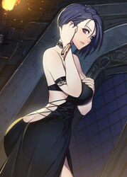  absurdres adjusting_hair alternate_costume ass ass_focus asymmetrical_hair back backless_dress backless_outfit bare_shoulders blue_hair blush breasts butt_crack choker cleavage commentary_request dress female fire_emblem fire_emblem:_three_houses from_behind hand_on_own_chest hide_(hideout) highres huge_ass large_breasts looking_at_viewer looking_back purple_eyes shamir_nevrand short_hair sideboob smile solo 