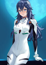  against_railing ameno_(a_meno0) ayanami_rei ayanami_rei_(cosplay) blue_eyes blue_hair blue_moon bodysuit brand_of_the_exalt breasts cosplay crossed_bangs evangelion:_3.0+1.0_thrice_upon_a_time female fire_emblem fire_emblem_awakening full_moon hairpods huge_moon interface_headset long_hair lucina_(fire_emblem) mismatched_pupils moon neon_genesis_evangelion parted_lips pilot_suit plugsuit railing rebuild_of_evangelion skin_tight sky small_breasts solo symbol_in_eye wavy_hair white_bodysuit 