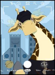  anthro building clothing colored ear_flaps ear_flick elishiia english_text giraffe giraffid hat headgear headwear hi_res horn interface kaku_(one_piece) long_neck looking_at_viewer male mammal one_piece solo taking_picture text 