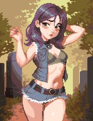  abigail_(stardew_valley) ai-assisted blush breasts cleavage commentary denim denim_skirt denim_vest english_commentary female graveyard green_eyes long_hair looking_at_viewer medium_breasts microskirt navel open_clothes outdoors purple_hair skirt smile solo stardew_valley thisislux 