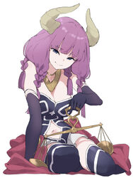  arm_support aura_(sousou_no_frieren) black_corset black_footwear black_gloves blue_eyes boots braid breasts closed_mouth clothing_cutout commentary corset demon_girl demon_horns elbow_gloves female gloves gold_necklace highres holding_scale horns jewelry long_hair looking_at_viewer low-braided_long_hair low-tied_long_hair makkurourufu medium_breasts multiple_braids navel_cutout necklace purple_hair sitting smile solo sousou_no_frieren thigh_boots weighing_scale white_background yokozuwari 