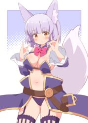  absurdres animal_ear_fluff animal_ears bad_id bad_pixiv_id blush bow breasts cleavage commentary_request cosplay cowboy_shot crisis_management_form_(machimazo) detached_collar detached_sleeves double_fox_shadow_puppet female fox_ears fox_girl fox_shadow_puppet fox_tail frilled_sleeves frills garter_belt grey_hair hands_up highres large_breasts long_hair looking_at_viewer machikado_mazoku navel panties parted_lips pink_bow pon_sugar purple_background purple_hair purple_panties riko_(machikado_mazoku) showgirl_skirt simple_background solo standing tail thighs underwear white_background wide_sleeves yellow_eyes yoshida_yuuko_(machikado_mazoku) yoshida_yuuko_(machikado_mazoku)_(cosplay) 