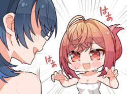  2girls ahoge blue_hair blush breasts cleavage commentary english_commentary heart heart-shaped_pupils highres hiodoshi_ao hololive hololive_dev_is ichijou_ririka kukie-nyan long_hair looking_at_another medium_breasts multiple_girls naked_towel oerba_yun_fang open_mouth orange_eyes orange_hair skin_fang smile symbol-shaped_pupils towel virtual_youtuber 