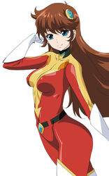  aoi_nagisa_(metalder) blue_eyes bodysuit breasts brown_hair closed_mouth covered_navel elbow_gloves female gloves highres large_breasts looking_at_viewer maria_grace_fleed mazinger_(series) red_bodysuit simple_background smile solo ufo_robo_grendizer white_background white_gloves 