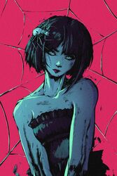  absurdres akramness bare_shoulders black_hair blue_eyes bug commentary dress female highres looking_at_viewer original red_background red_lips short_hair silk solo spider spider_web strapless strapless_dress 