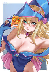  absurdres armpits bare_shoulders blonde_hair blush_stickers breasts brooch card charizard cleavage collarbone covered_navel dark_magician_girl duel_monster female fingerless_gloves from_above gloves green_eyes hair_between_eyes highleg highleg_leotard highres holding holding_card jewelry large_breasts leotard long_hair looking_at_viewer open_mouth playing_card pokemon pokemon_tcg solo trading_card ultrabinou upper_body yu-gi-oh! 