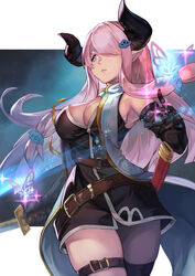  armpits belt blue_eyes breasts cowboy_shot draph elbow_gloves female gloves granblue_fantasy granblue_fantasy_versus hair_over_one_eye hinoru_saikusa holding holding_sword holding_weapon horns katana large_breasts long_hair looking_at_viewer narmaya_(granblue_fantasy) pink_hair pointy_ears single_thighhigh solo sword thigh_strap thighhighs weapon 