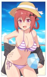  ball bat_hair_ornament beach bikini breasts commentary_request female gabriel_dropout hair_ornament hair_rings hat highres large_breasts looking_at_viewer navel nyaroon oerba_yun_fang purple_eyes red_hair satanichia_kurumizawa_mcdowell standing striped_bikini striped_clothes swimsuit 