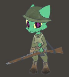  armor boots clothed clothing dirty footwear gooblie_2 green_body gun headgear helmet kobold kobold_adventure lizard looking_at_viewer low_res male military_uniform moe_(kobold_adventure) mud mud_covered muddy purple_eyes ranged_weapon reptile rifle scalie simple_background solo tail uniform weapon world_war_1 